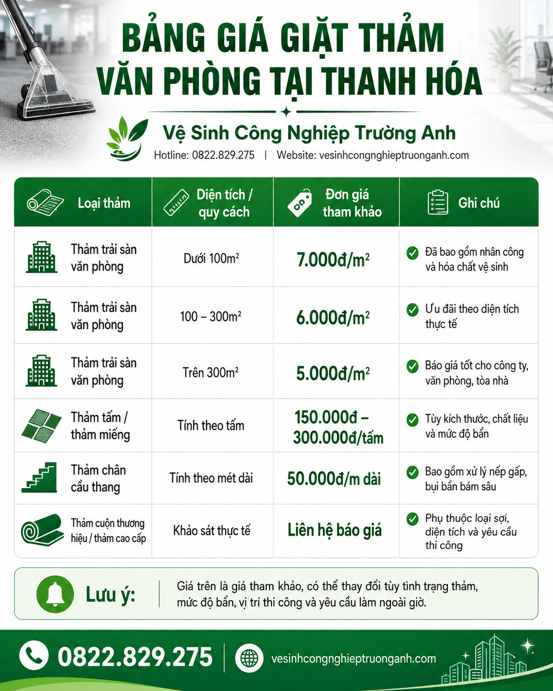 Bảng báo giá dịch vụ giặt thảm văn phòng tại Thanh Hóa