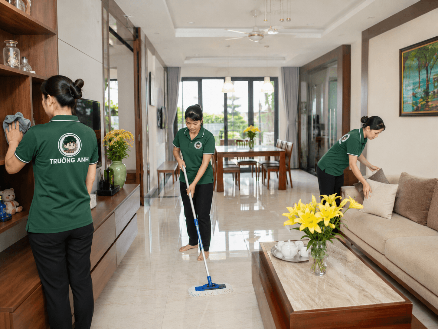 Dịch vụ dọn nhà theo giờ tại Bình Dương, nhân viên Trường Anh hút bụi và vệ sinh phòng khách sạch sẽ