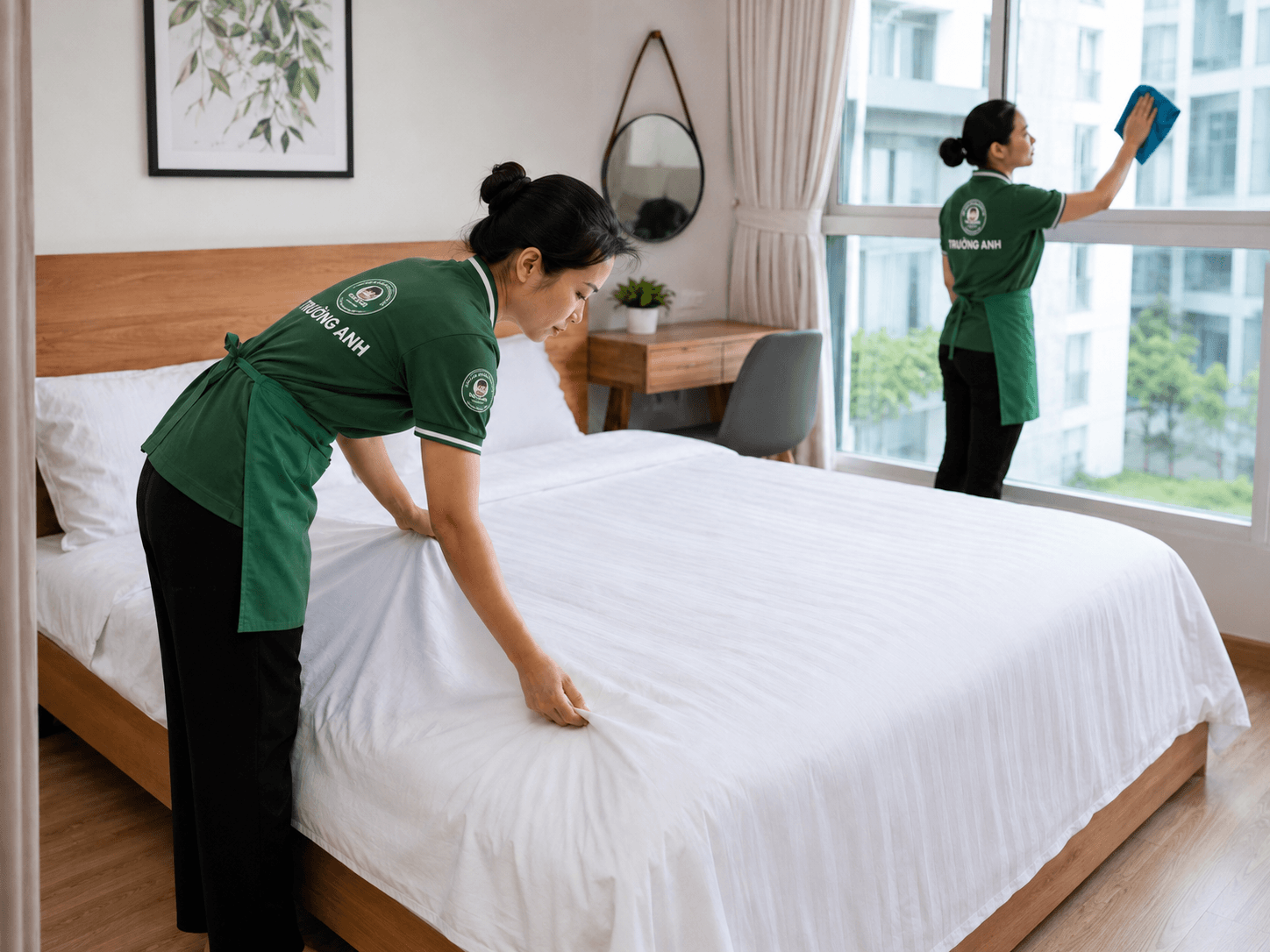 Dịch vụ dọn nhà theo giờ tại Bình Dương nhân viên Trường Anh thay ga giường và lau kính phòng ngủ